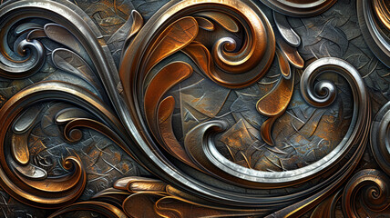 Abstract swirls and metallic accents intricately decorate a decorative wall in high definition, portrayed in flawless