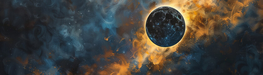 A painting of a large orange and blue planet with a black moon. The painting is of a space scene with a lot of stars and a lot of space