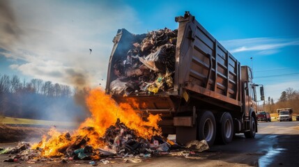 Truck dumps garbage into large pile that is collected for recycling - obrazy, fototapety, plakaty