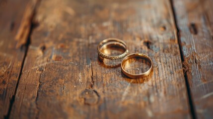 Obraz na płótnie Canvas Shiny golden wedding rings resting on a rustic wooden table
