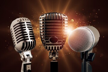 Professional classic steel microphone in bright stage lights - 773545537