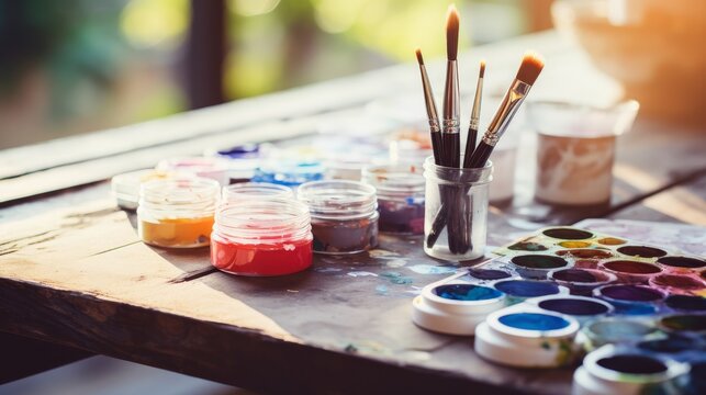 Watercolors paint artistic brushes laying on top of a table