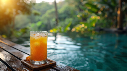  A glass of chilled orange juice with ice cubes, placed on a wooden tray near a serene swimming pool surrounded by nature. - Powered by Adobe