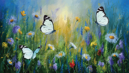 Sublime Blossoms Oil Portrayal of Wildflowers and White Butterflies - obrazy, fototapety, plakaty
