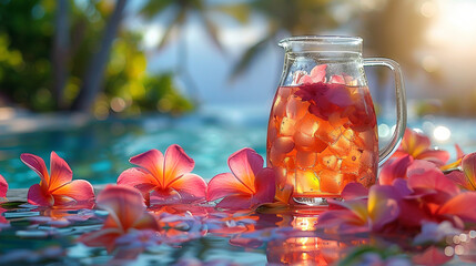  A pitcher of iced tea surrounded by colorful tropical flowers on a poolside table, with a gentle breeze rustling the leaves. - Powered by Adobe