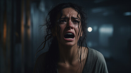 Distressed young woman screaming in the rain. Emotional breakdown in cinematic style. Intense portrait with dark background. Design for psychological thriller, poster.