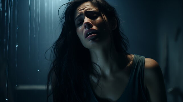Anguished young woman in blue tank top under shower of rain. Emotional torment in cinematic lighting. Powerful portrait for drama, psychological themes. Design for poster.