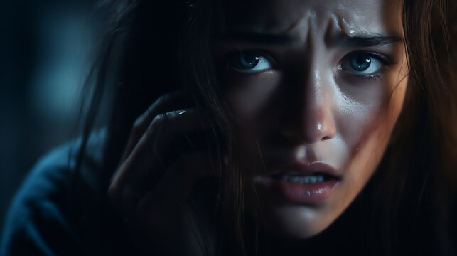 Young woman with fearful expression making a phone call in the dark. Cinematic shot depicting tension and drama. Design for thriller movie, emotional scene.