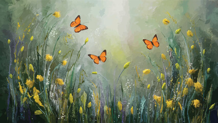 Fototapeta na wymiar Sublime Blossoms Oil Portrayal of Wildflowers and White Butterflies