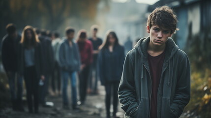Cyberbullying Awareness! Teenage boy with a somber expression standing apart from a crowd on a foggy street. Concept of isolation and individuality. - obrazy, fototapety, plakaty