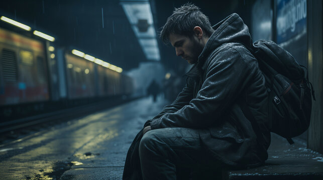Sad man sitting alone at a train station on a rainy night, reflective mood. Loneliness, urban life scene.