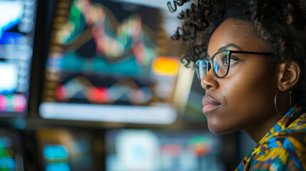 African American woman financial trader at work