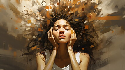 Woman overwhelmed by chaos. Artistic representation of stress and psychological strain in modern life.