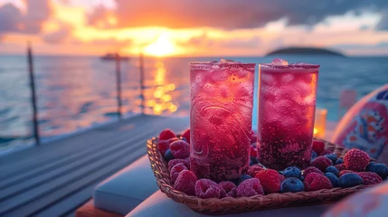 Foto op Plexiglas A tray of frozen berry smoothies on a poolside lounge chair, with colorful cushions and a view of the sunset over the water. © Stone Hassan