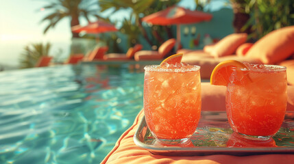 A tray of frozen fruit smoothies on a poolside lounge chair, with a backdrop of palm trees and a...