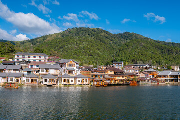 Beautiful view of hills and Chinese buildings in Ban Rak Thai Village at Ban Rak Thai Resort, Mae Hong Son, Thailand.