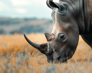 Fotobehang Close-up of a rhino grazing, capturing the peaceful moment of this exotic mammal in its natural habitat © Nawarit