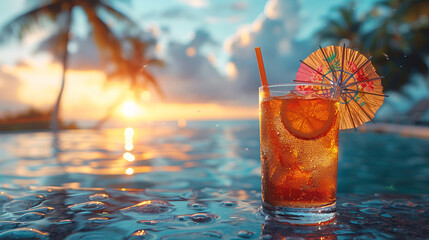 A tropical cocktail with a colorful umbrella sitting on a poolside table, with palm trees swaying...