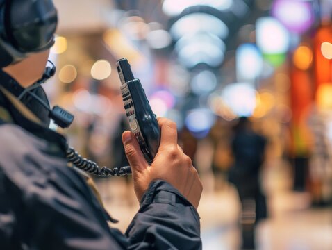 Macro shot focuses on the precise hand movements of a security personnel as they communicate via walkie-talkie in a crowded retail setting.