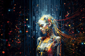 Obraz premium A captivating young woman that could ambiguously also be a cyborg, her essence intertwined with data photons, blurring the lines between humanity and AI