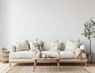 Modern living room interior with a sofa and coffee table on a white wall background, in the style of a mockup