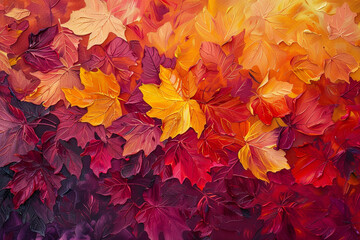 Autumn leaves in vibrant shades of red, orange, and yellow depicted in an abstract oil painting.