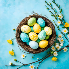 colorful small easter eggs with flowers and branches on a light blue background - yellow and green tones - easter card background - spring design element -