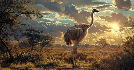 Ostrich, the world's largest bird, long legs and neck, curious eyes. - obrazy, fototapety, plakaty