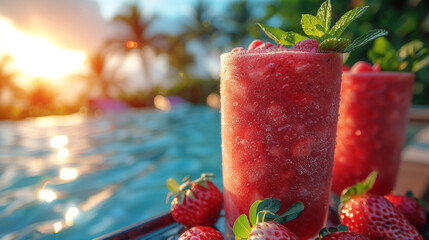 Under a clear blue sky and palm palms, a tray of frozen fruit smoothies is placed on a lounge chair...