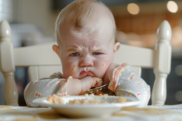 a cute baby refuse to eat in disgust - obrazy, fototapety, plakaty