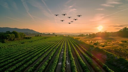 Obraz premium Cultivators using drones to monitor large-scale crop fields,