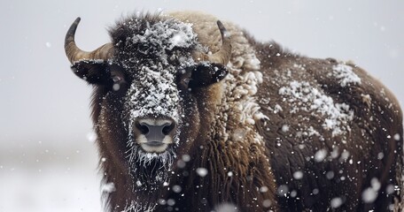 Musk Ox with shaggy fur, stoic and sturdy, snowflakes clinging to its coat. - obrazy, fototapety, plakaty