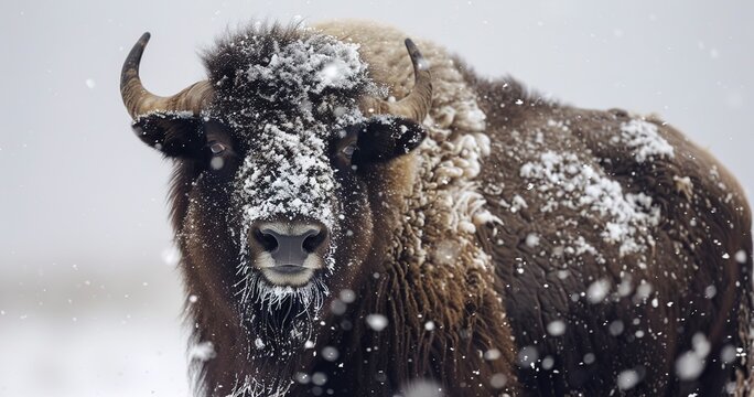Musk Ox with shaggy fur, stoic and sturdy, snowflakes clinging to its coat.