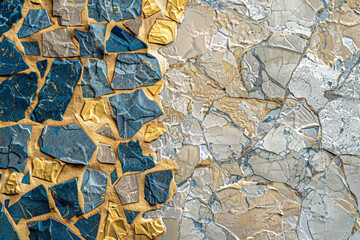 Background with mosaic plaster texture, stucco pattern, decorative acrylic wall with copy space, and mockup of natural marble chip.