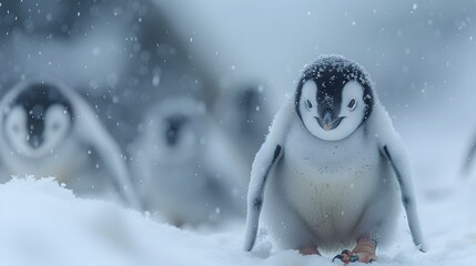 cuteness overload of baby penguins waddling on a snowy white background, their fluffy feathers and clumsy steps immortalized in cinematic 8k full ultra HD - obrazy, fototapety, plakaty