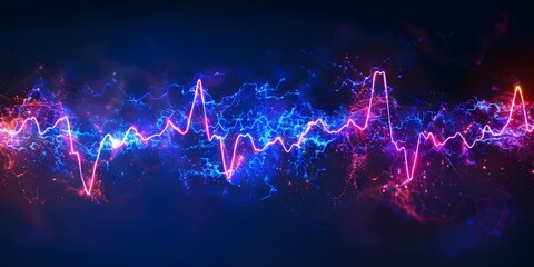 Blue neon ECG line on dark background representing heart rate examination and cardiac rhythm test. Concept Heart Rate Examination, Cardiac Rhythm Test, ECG Line, Neon Blue, Dark Background - obrazy, fototapety, plakaty