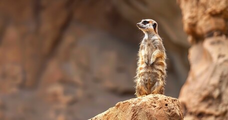 Meerkat standing upright, on lookout, family bonds visible in the background. 