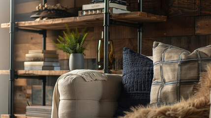 A cozy reading nook with a sleek builtin shelving unit made of raw reclaimed wood and metal piping. . .