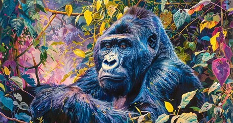 Mountain Gorilla, gentle giant, amidst imaginary foliage, thoughtful gaze. 