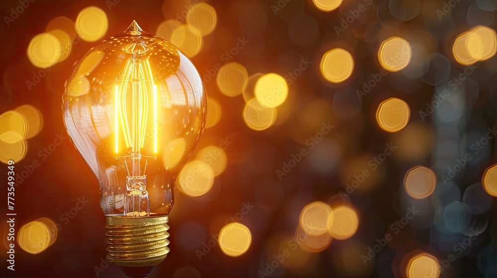 Wall mural glowing light bulb with warm bokeh background symbolizing ideas