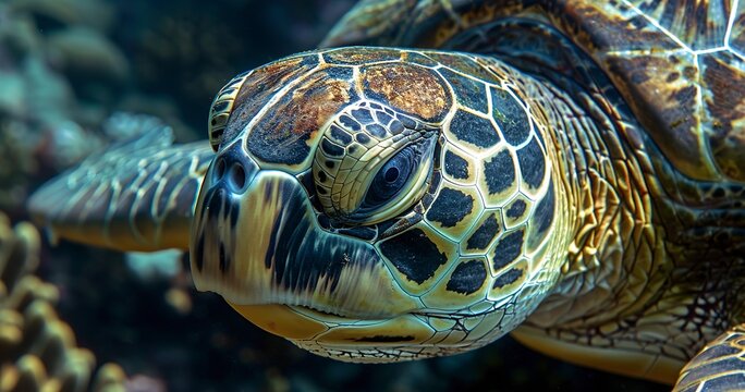 Green Sea Turtle, ancient mariner, shell smooth and patterned, eyes wise. 