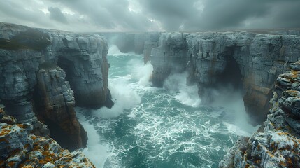 a billboard mockup against a backdrop of rugged coastal cliffs, with crashing waves and dramatic...