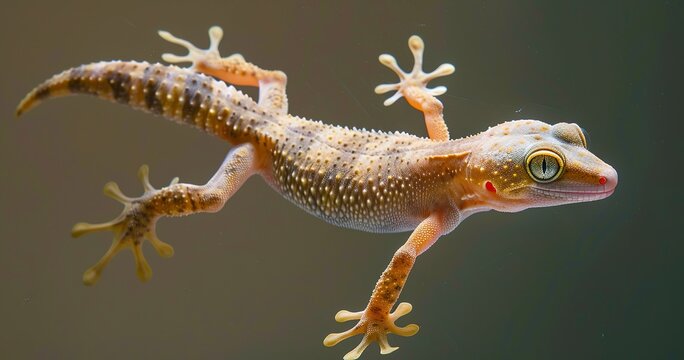 Gecko clinging to an invisible glass, toes spread out, tail curled. 