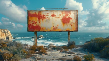 a billboard mockup against a backdrop of rugged coastal cliffs, with crashing waves and dramatic...