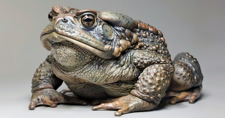 Toad with warty skin, eyes bulging, sitting patiently. 
