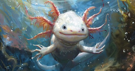 Axolotl smiling, gills fluttering, embodying aquatic grace. - obrazy, fototapety, plakaty