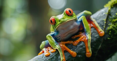 Red-eyed tree frog, eyes wide, limbs splayed, iconic and vivid.  - obrazy, fototapety, plakaty