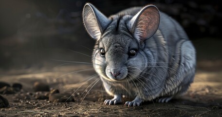 Chinchilla with luxurious fur, large ears, and a curious gaze. 