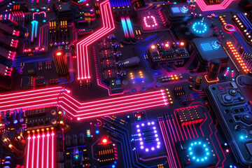 Close-up of a technology-themed circuit board with neon lights, intricate patterns, glowing silicon chips - obrazy, fototapety, plakaty