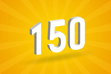 3D 150 number font alphabet. White 3D Number 150 with yellow background